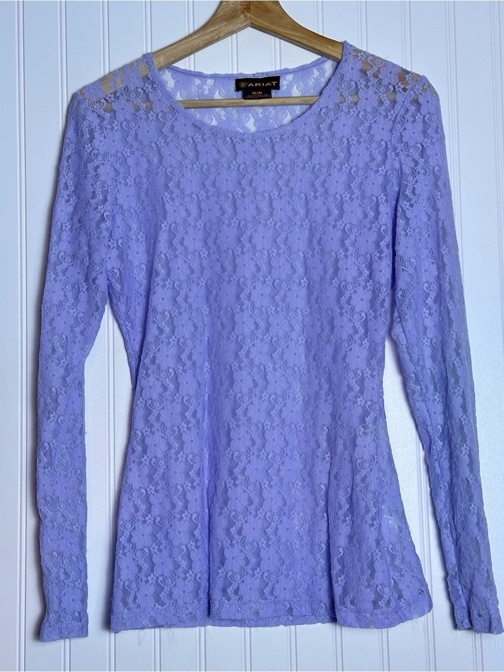 Ariat Lavender Floral Lace Long-Sleeve Top Stretch Crew Necklace Medium